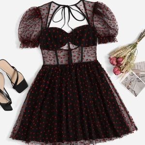 Confetti Heart Print Puff Sleeve Tie Back Mesh Dress cottage core Minnie mouse